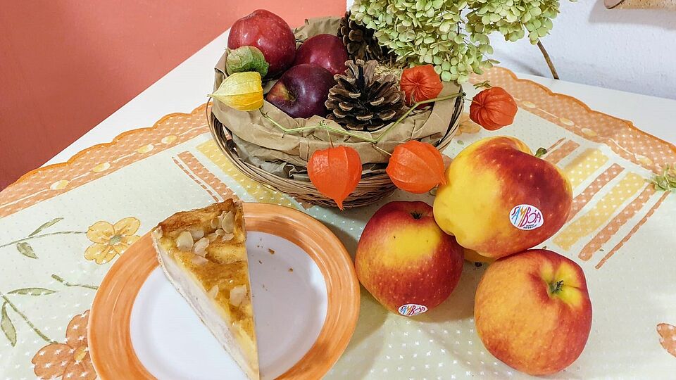 Teller mit Kuchen neben Äpfeln